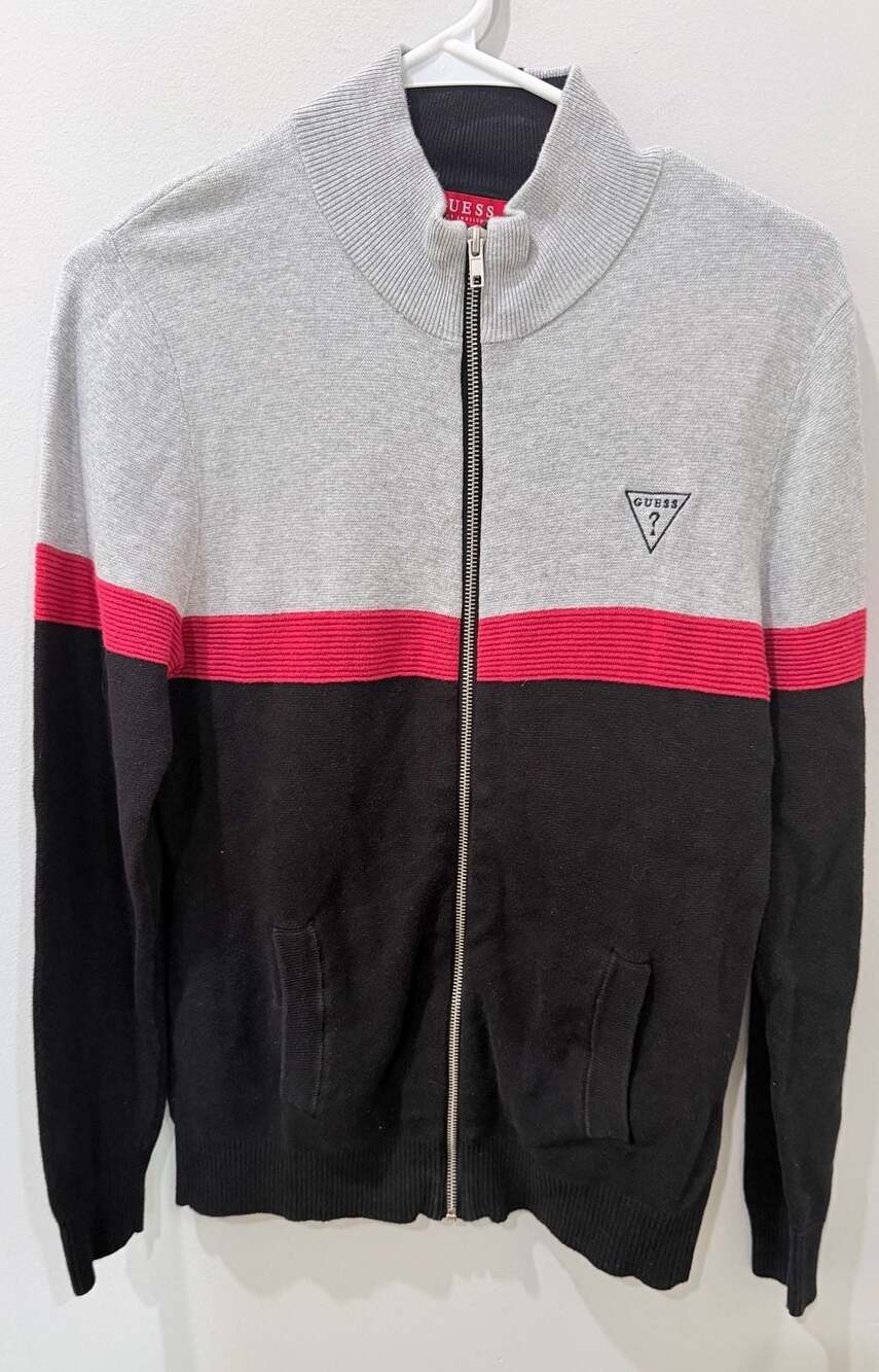 Guess Mens Full Zip Colorblock Sweater Grey Black Red